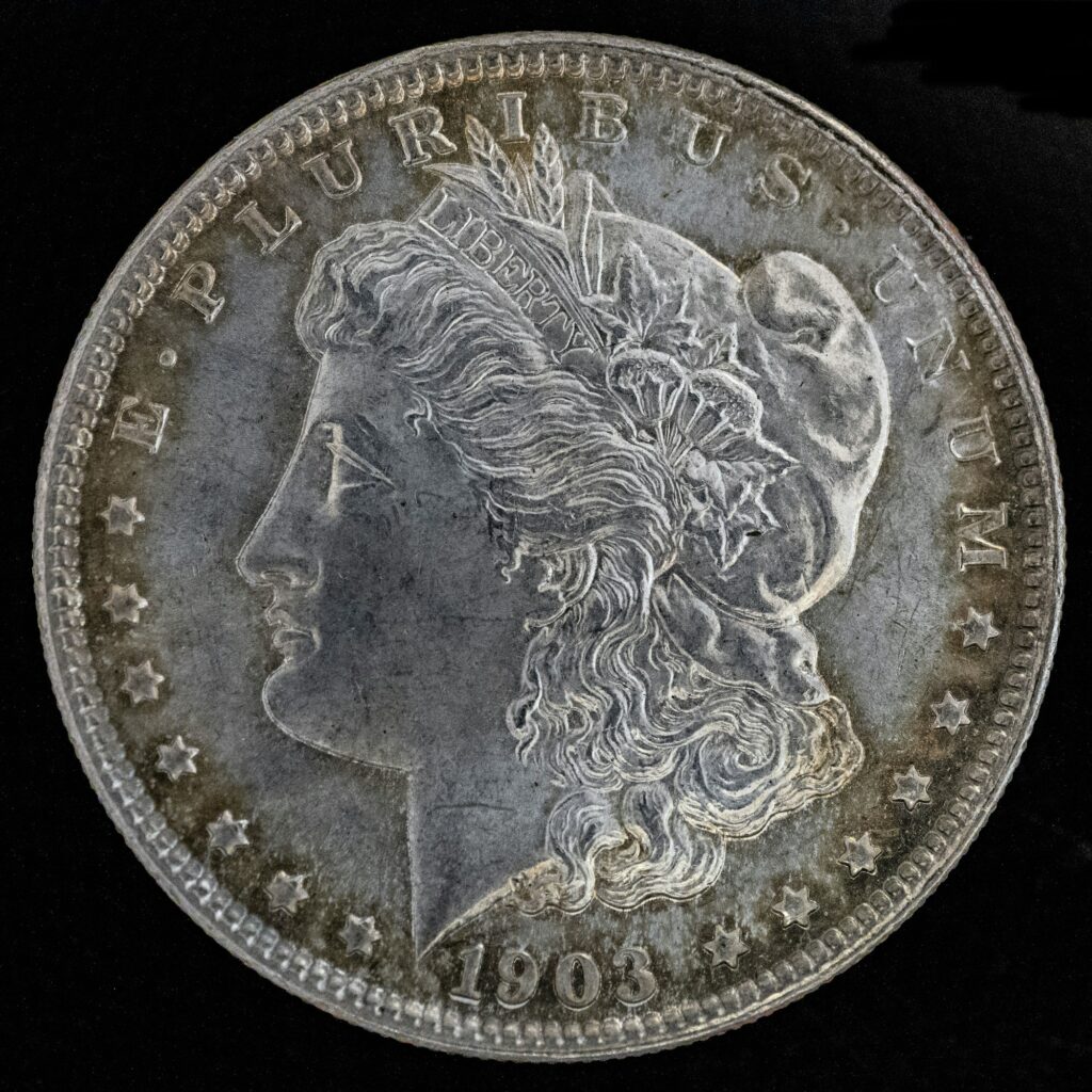 Closeup shot of United States 1903 Morgan silver dollar